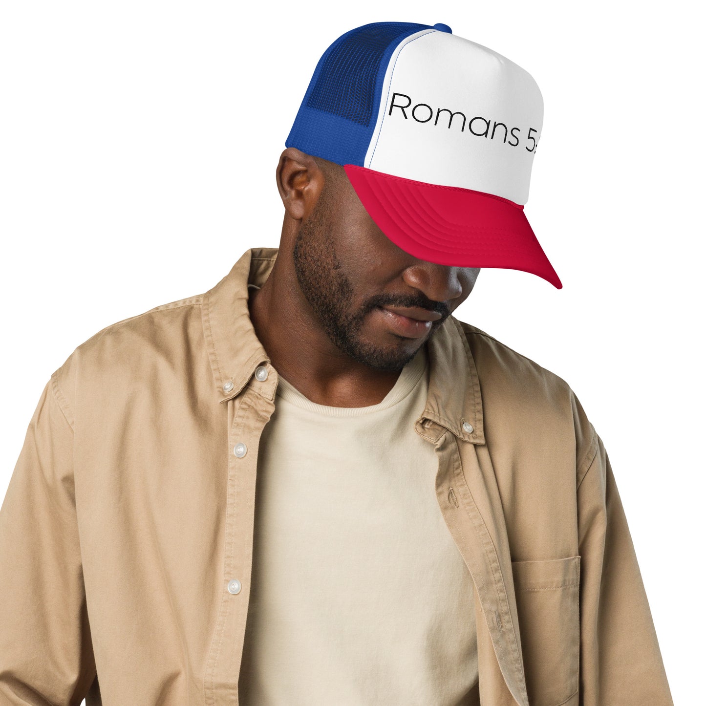 Romans 5:8 Foam trucker hat W/Black Print
