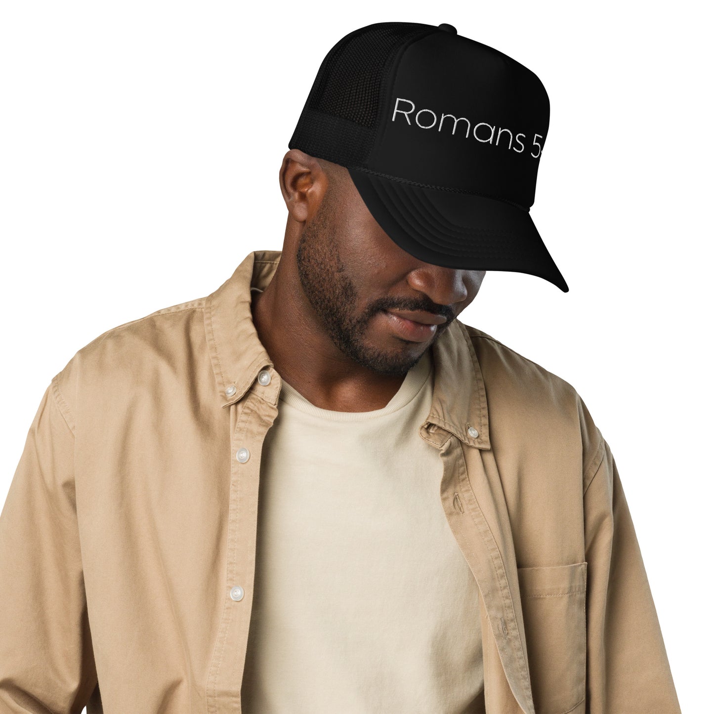Romans 5:8 Foam trucker hat W/White Print