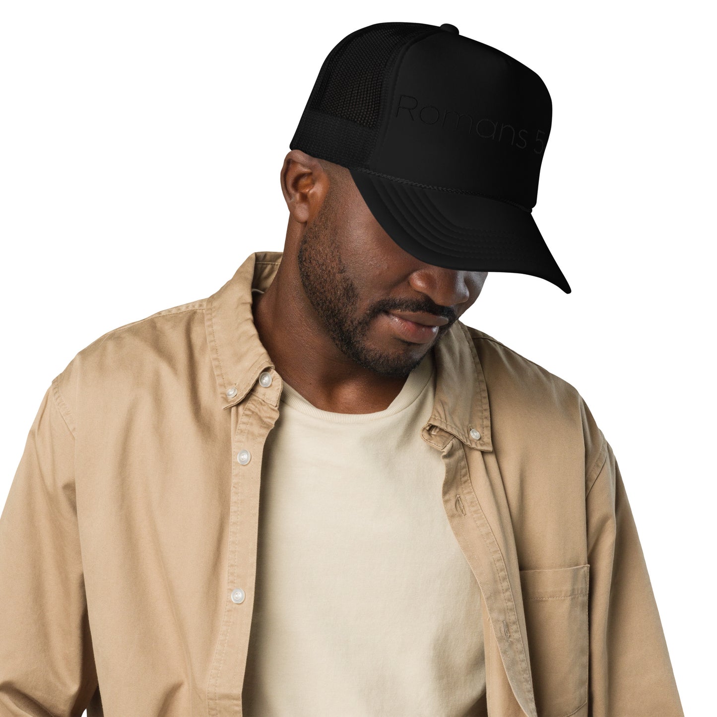 Romans 5:8 Foam trucker hat W/Black Print