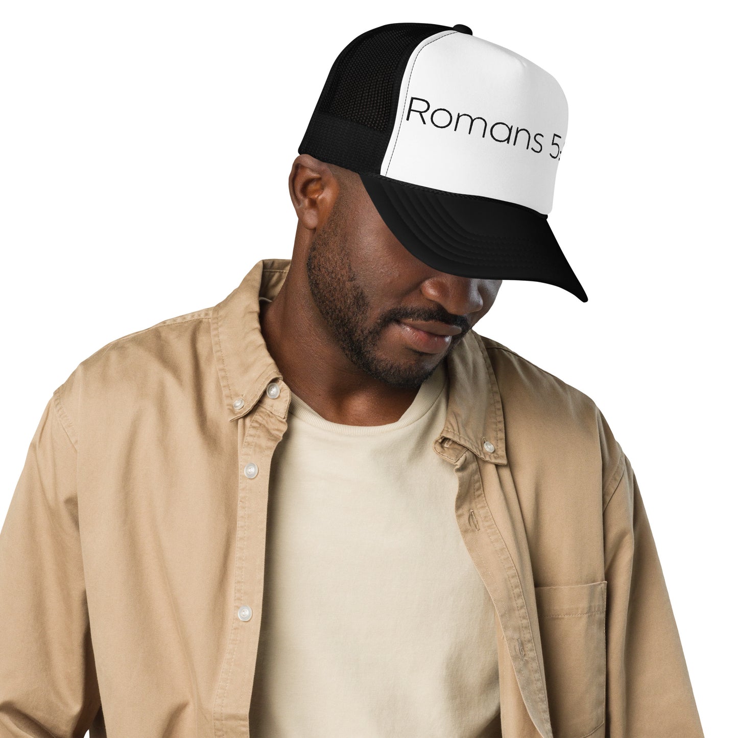Romans 5:8 Foam trucker hat W/Black Print
