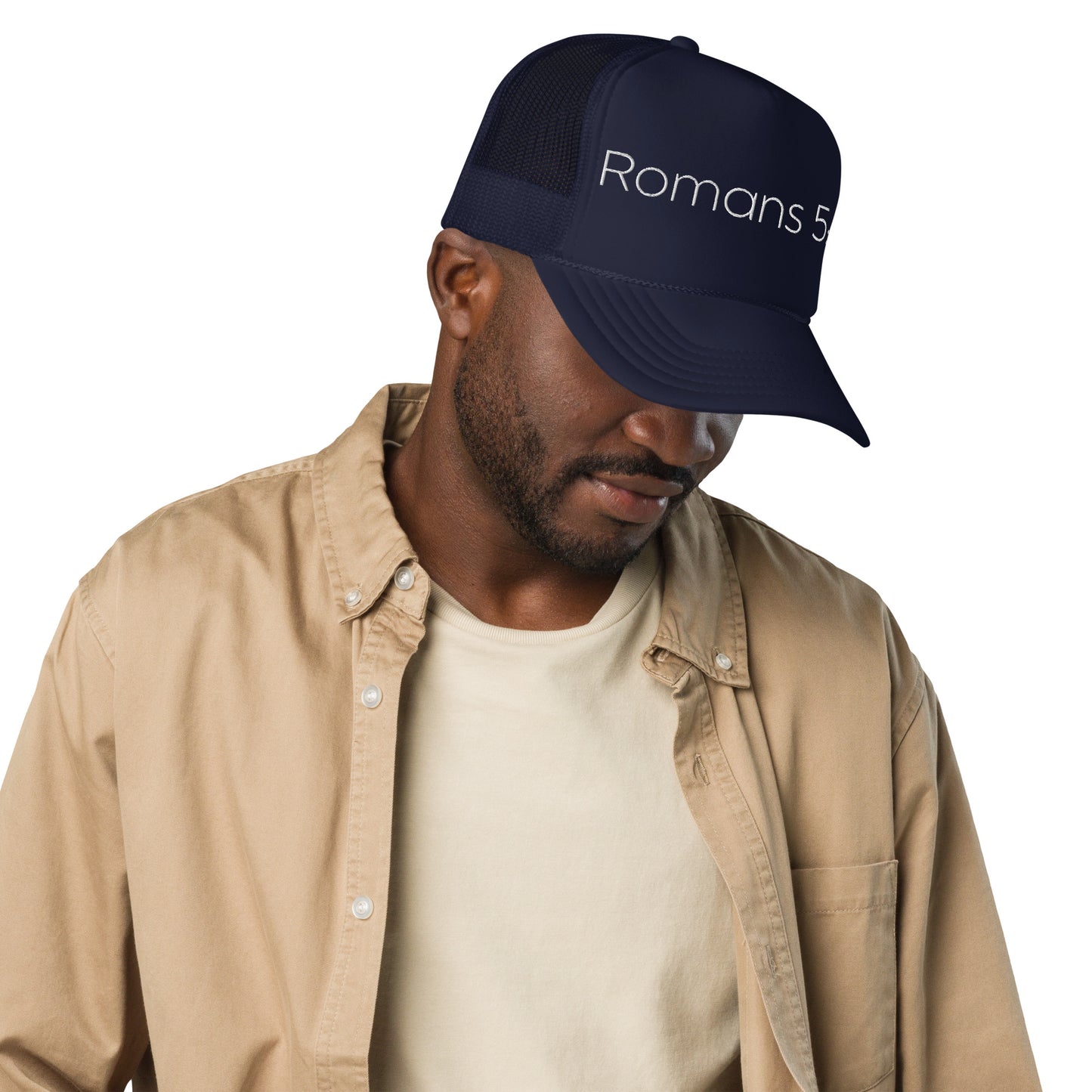 Romans 5:8 Foam trucker hat W/White Print