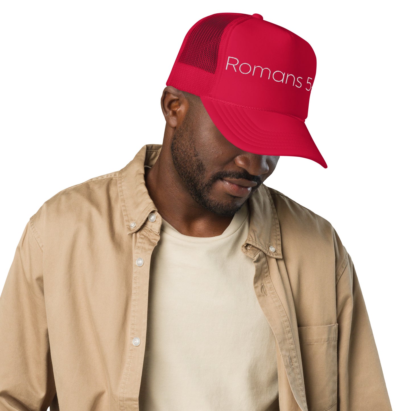 Romans 5:8 Foam trucker hat W/White Print