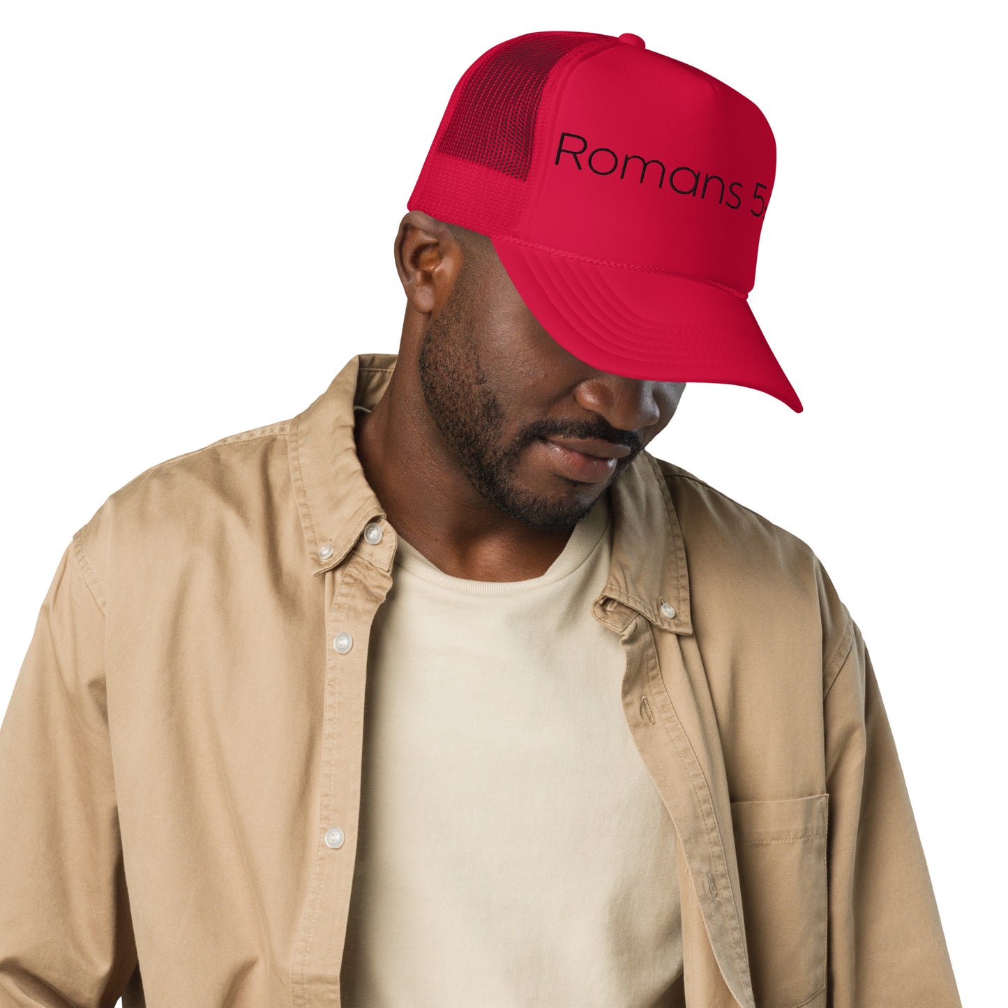 Romans 5:8 Foam trucker hat W/Black Print