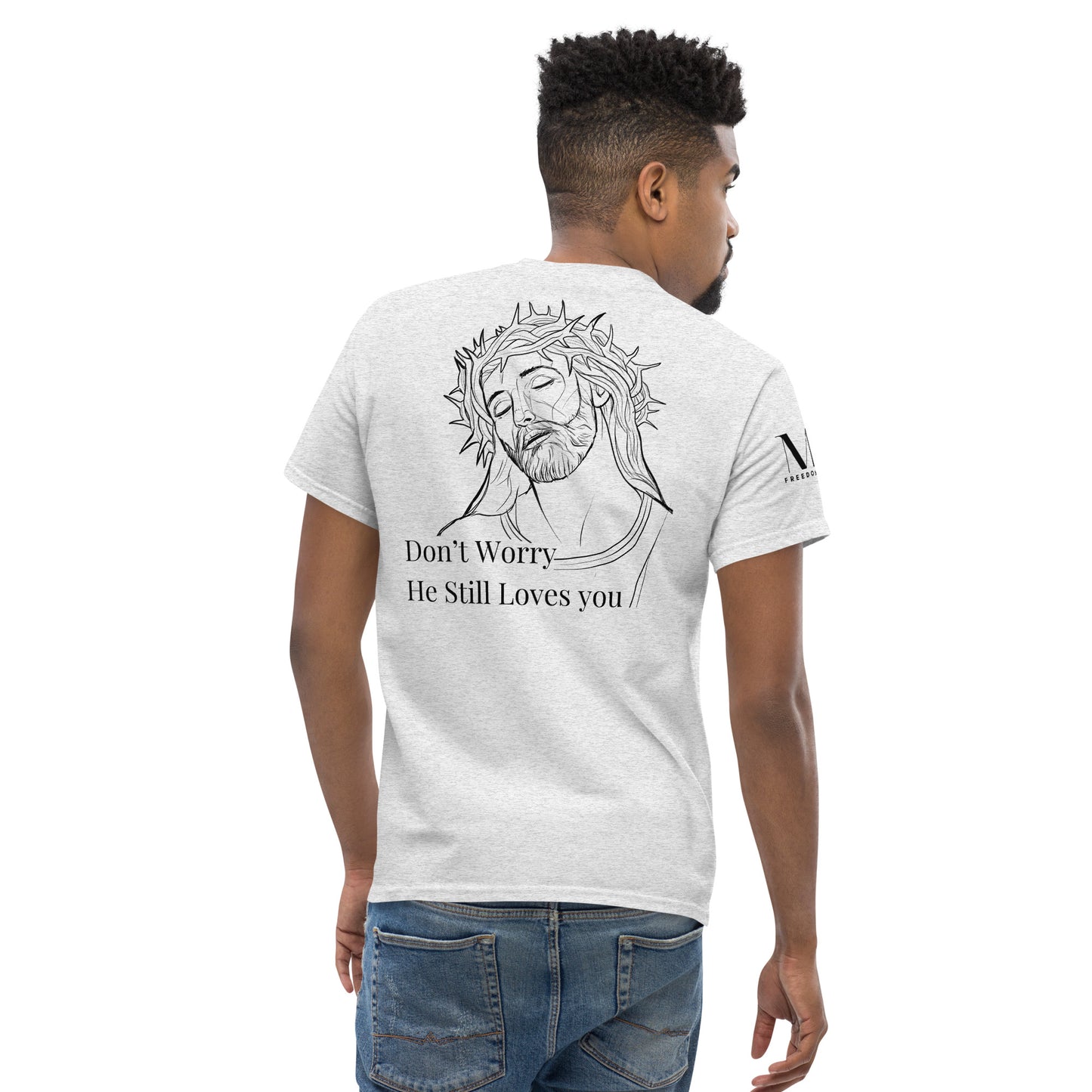 Romans 5:8 (He Still Loves You) Men's classic tee W/ Black Print