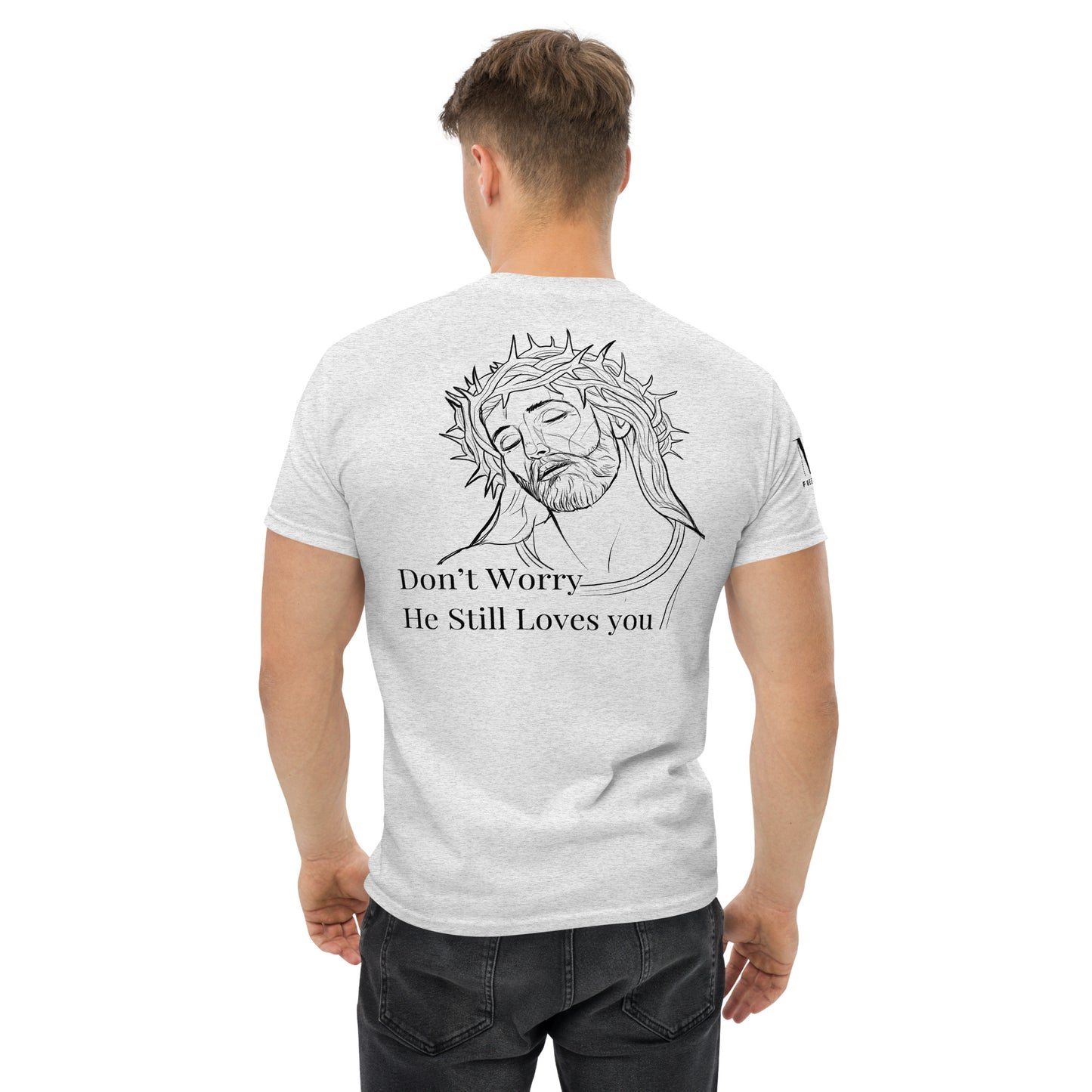 Romans 5:8 (He Still Loves You) Men's classic tee W/ Black Print