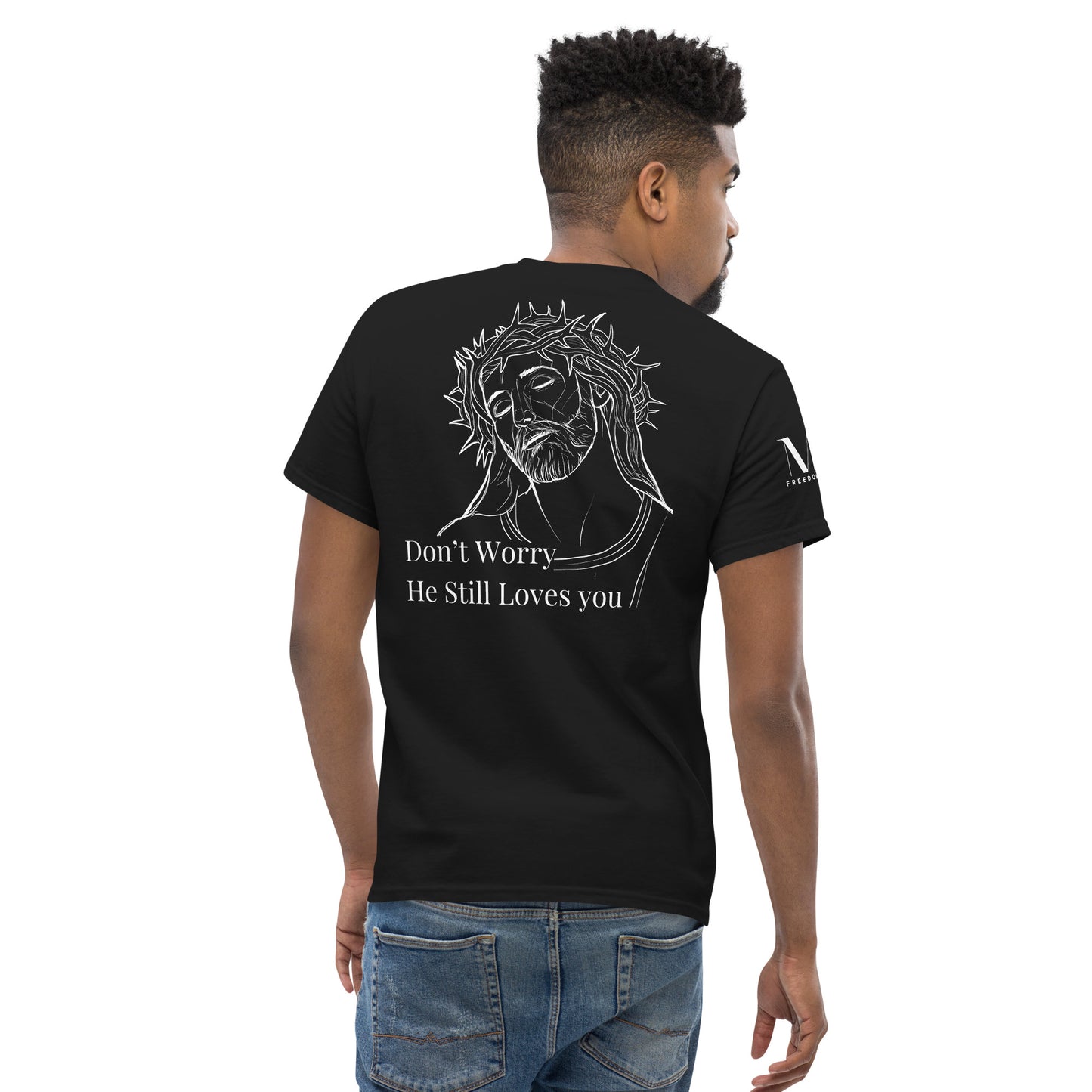 Romans 5:8 (He Still Loves You) Men's classic tee W/ White Print