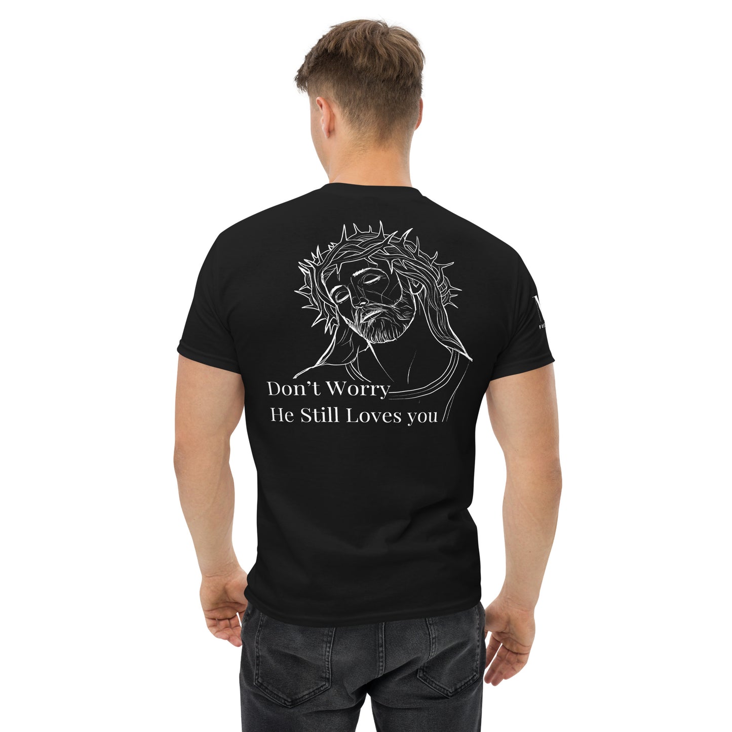 Romans 5:8 (He Still Loves You) Men's classic tee W/ White Print