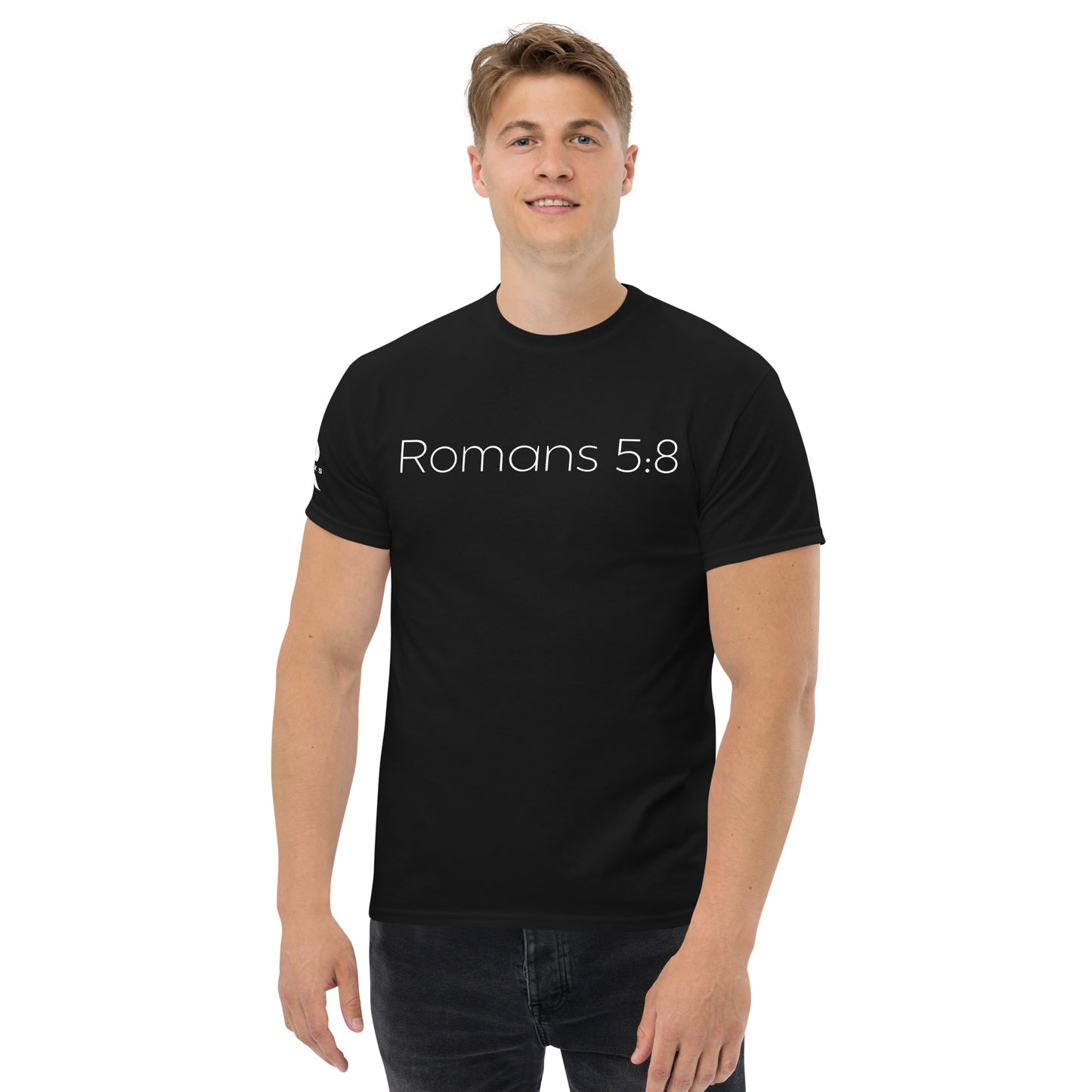 Romans 5:8 (He Still Loves You) Men's classic tee W/ White Print