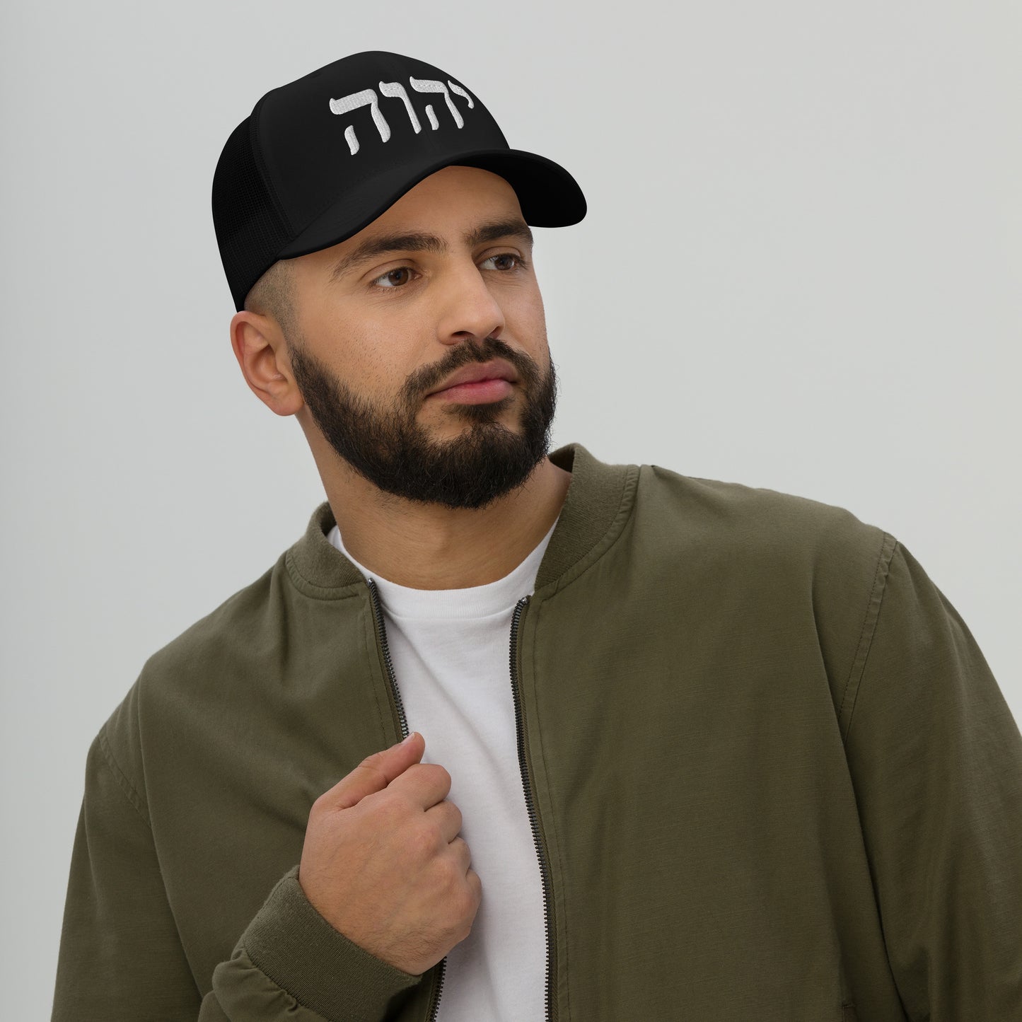 YHWH Embroidered Trucker Cap W/White Stitching