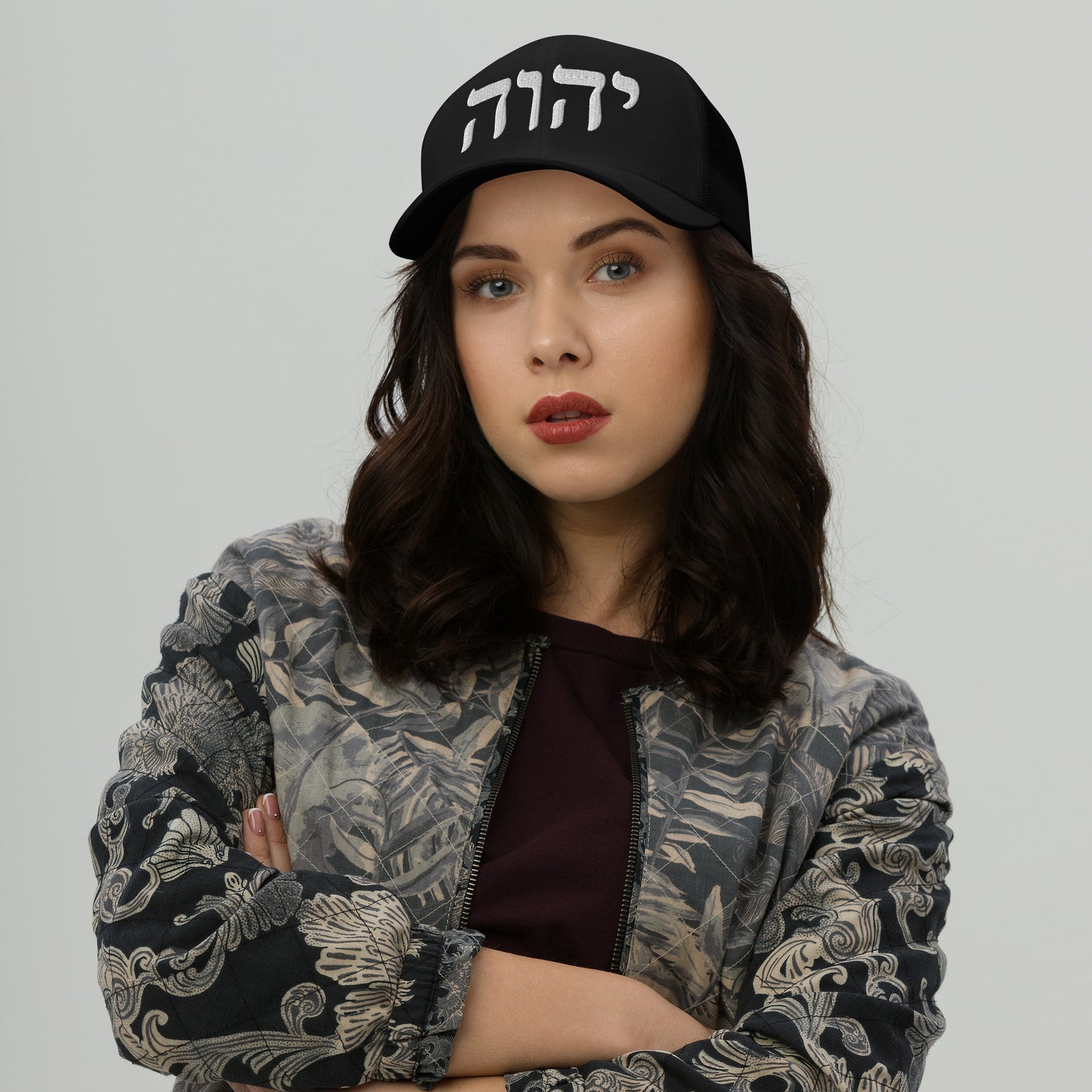 YHWH Embroidered Trucker Cap W/White Stitching