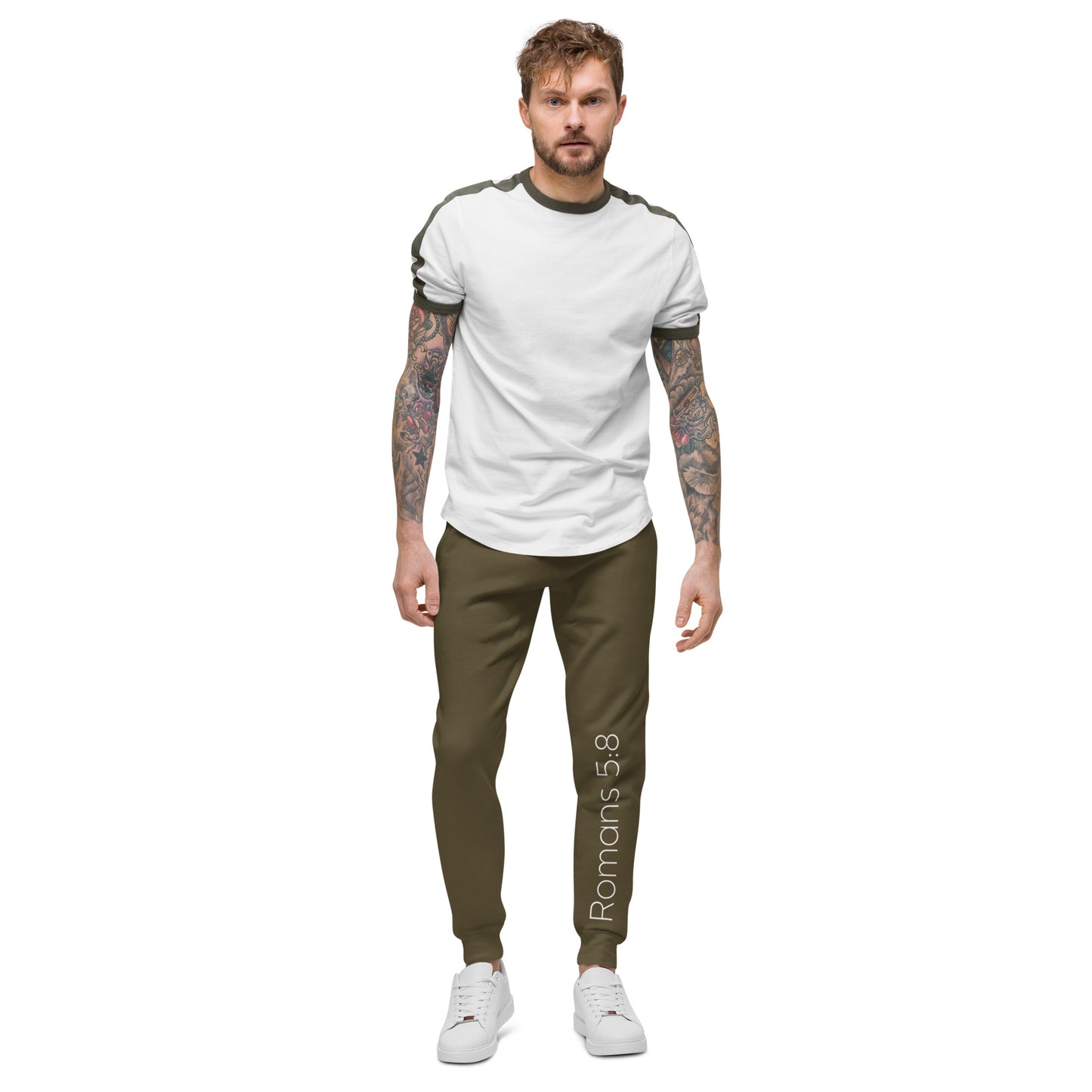 Romans 5:8 Unisex fleece sweatpants W/White Print