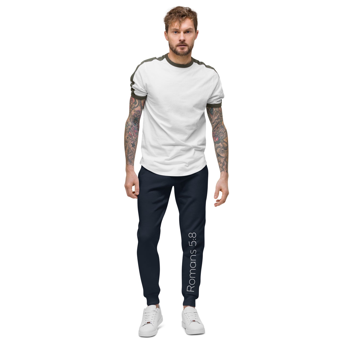 Romans 5:8 Unisex fleece sweatpants W/White Print