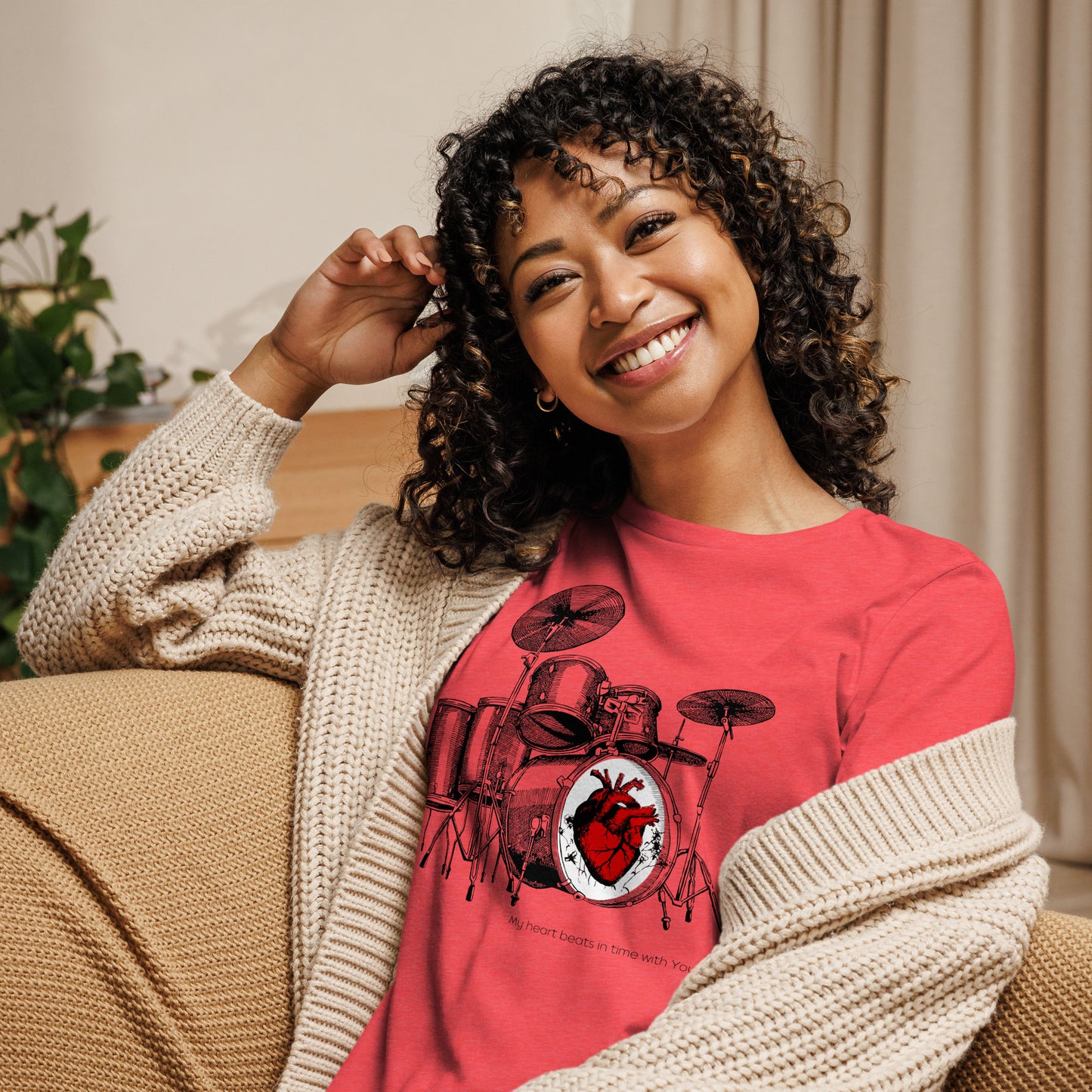 Heart Beats In Time Women's Relaxed T-Shirt W/Black Print