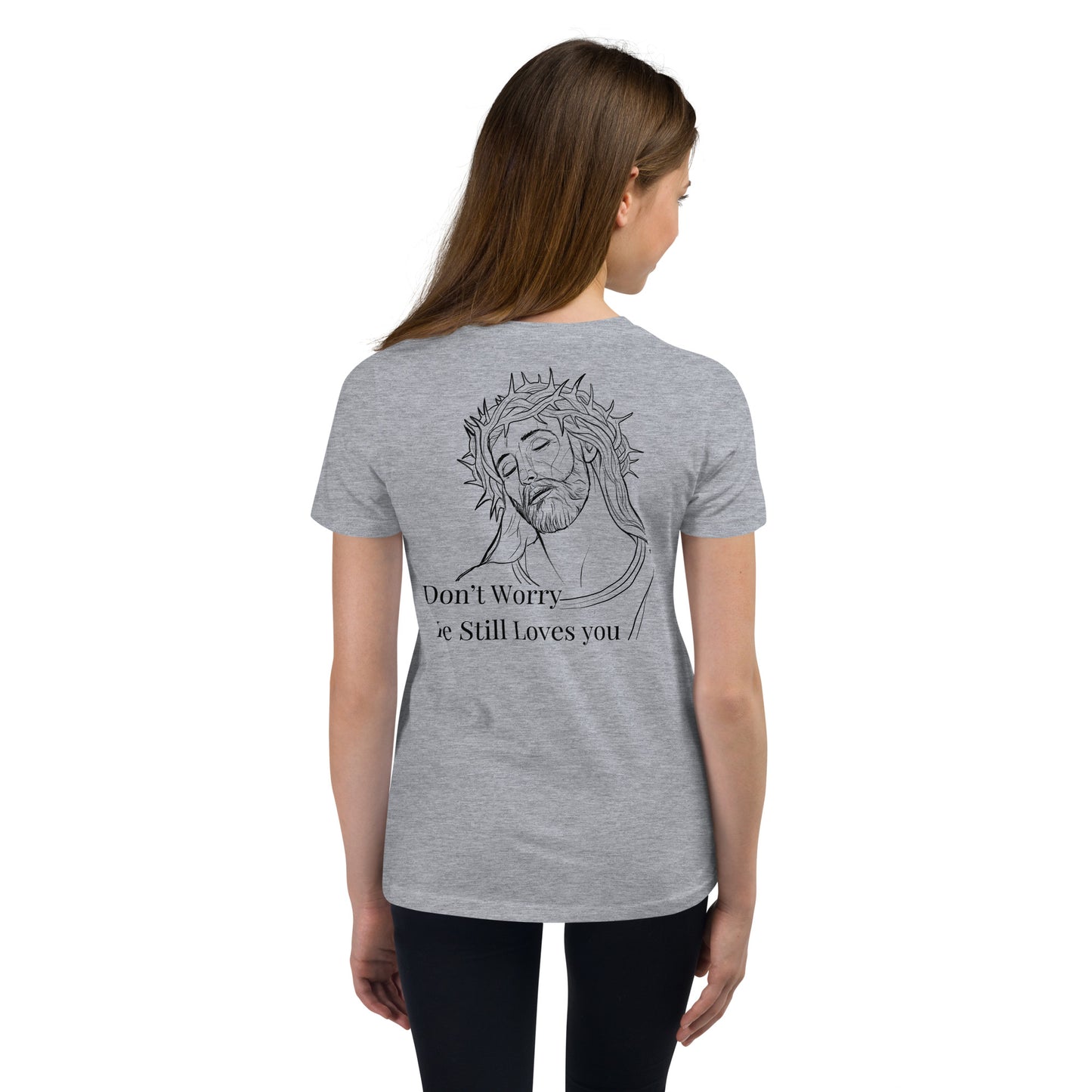 Romans 5:8 (He Still Loves You) Youth Short Sleeve T-Shirt W/Black Print