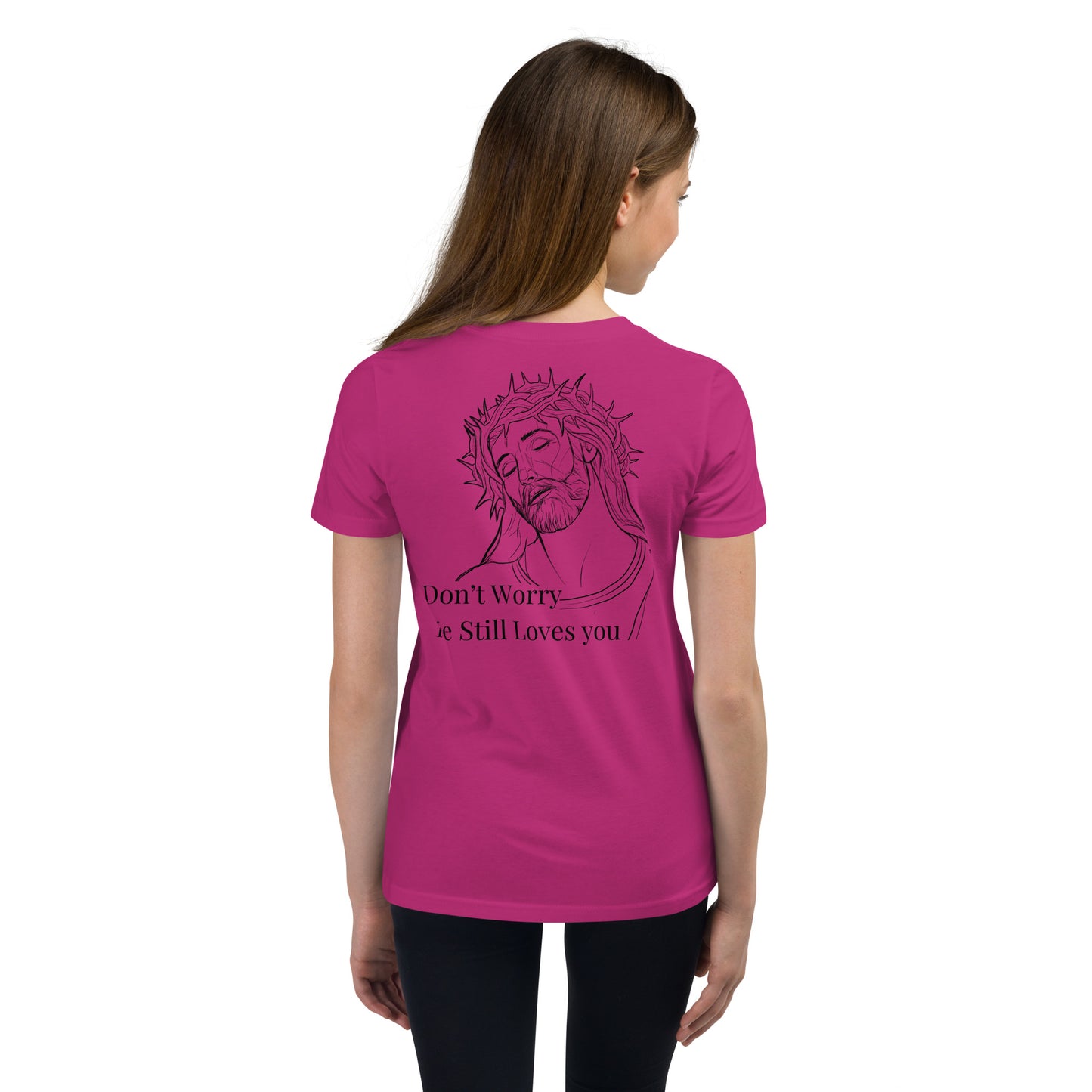 Romans 5:8 (He Still Loves You) Youth Short Sleeve T-Shirt W/Black Print