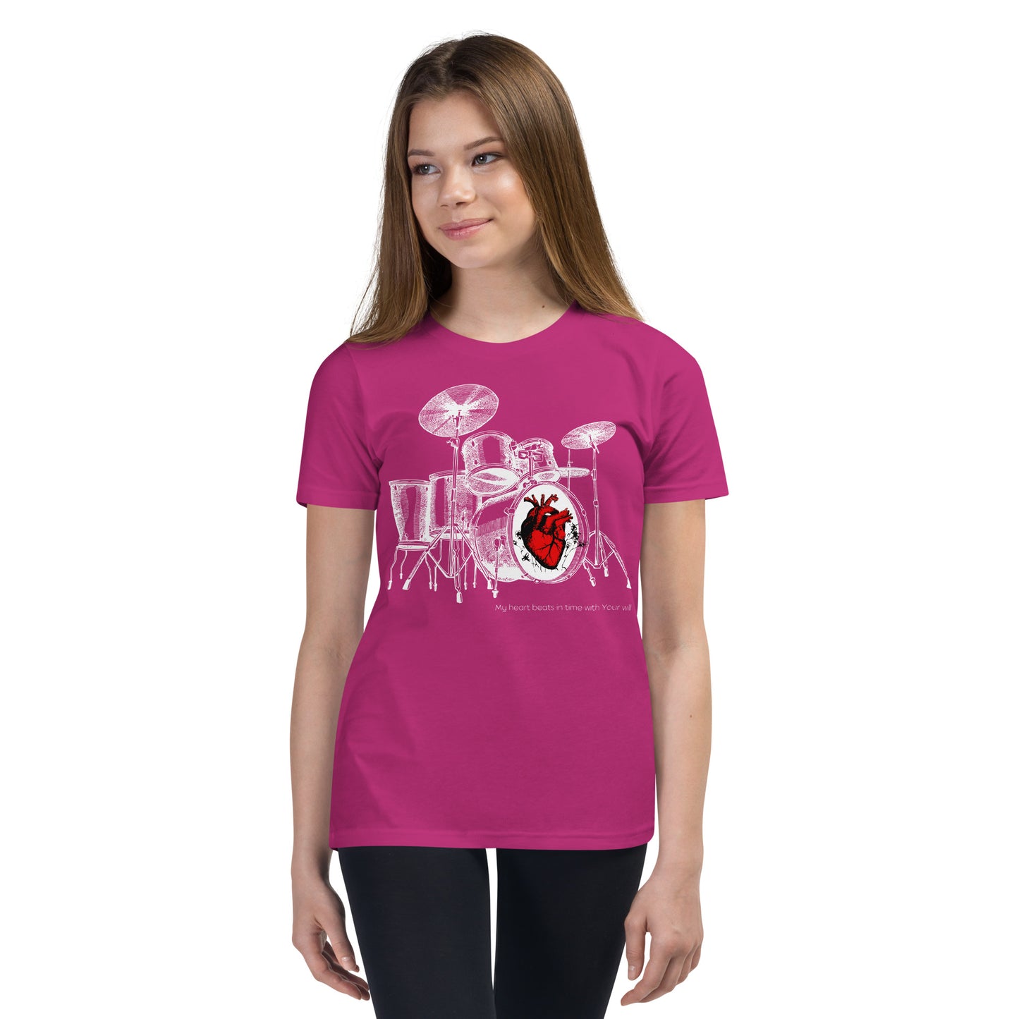 Heart Beats In Time Youth Short Sleeve T-Shirt W/White Print