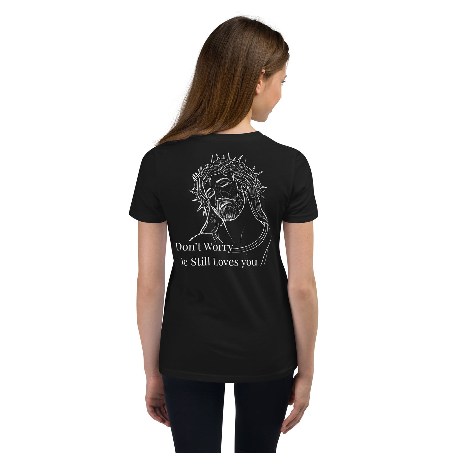 Romans 5:8 (He Still Loves You) Youth Short Sleeve T-Shirt W/White Print