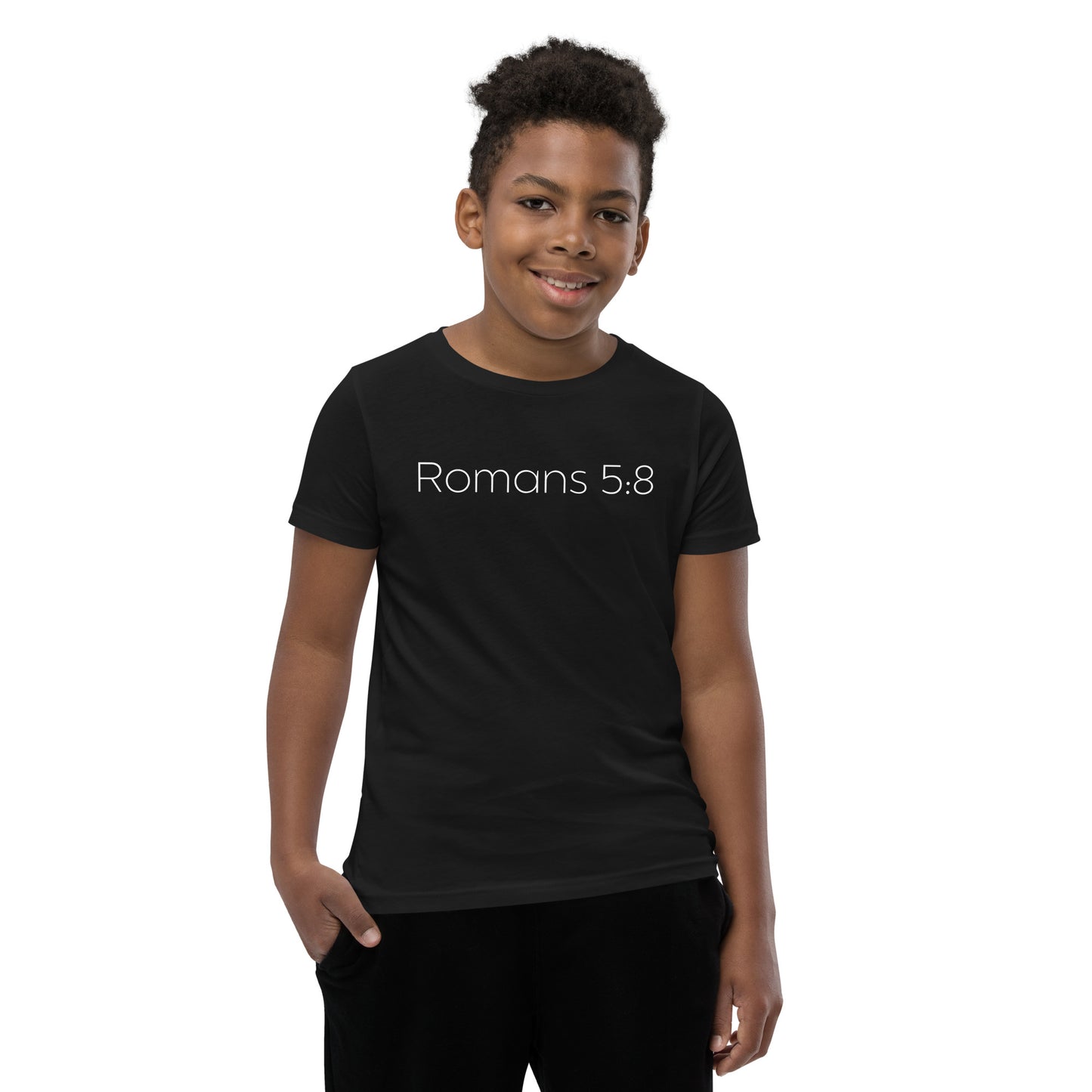 Romans 5:8 (He Still Loves You) Youth Short Sleeve T-Shirt W/White Print