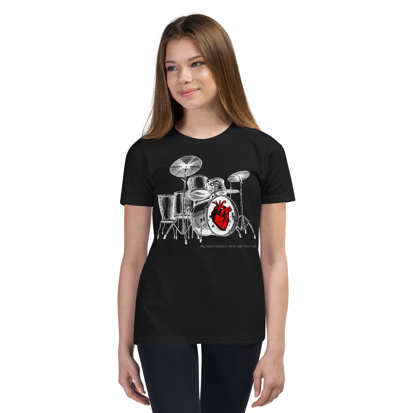 Heart Beats In Time Youth Short Sleeve T-Shirt W/White Print