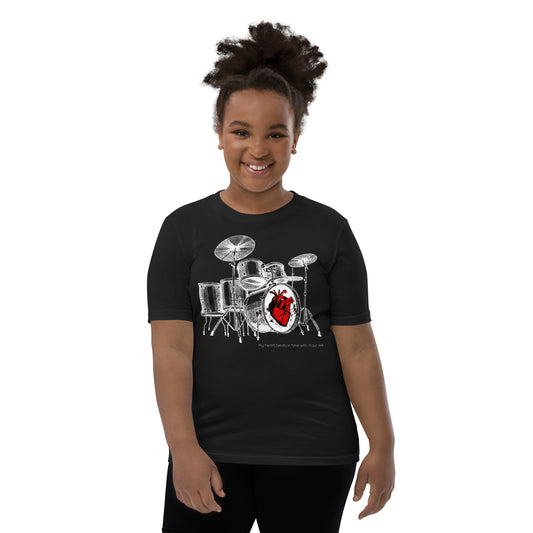 Heart Beats In Time Youth Short Sleeve T-Shirt W/White Print