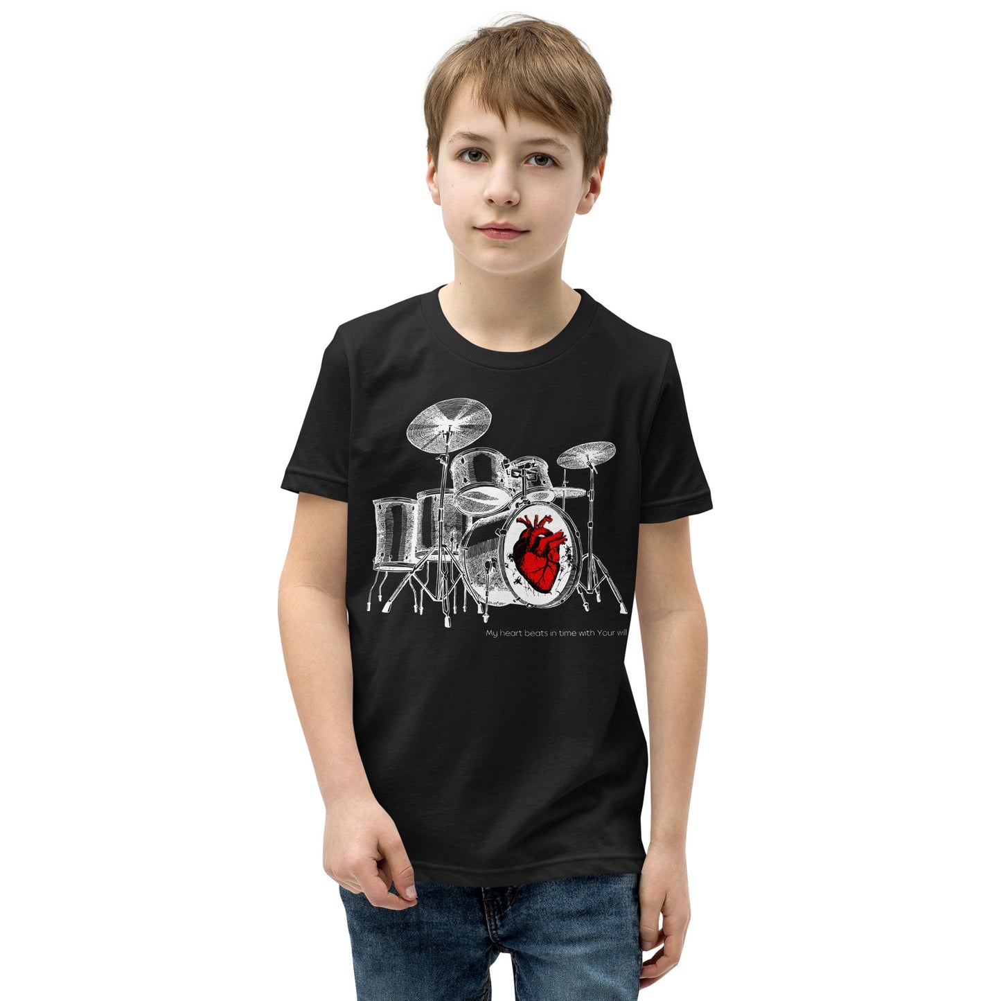 Heart Beats In Time Youth Short Sleeve T-Shirt W/White Print