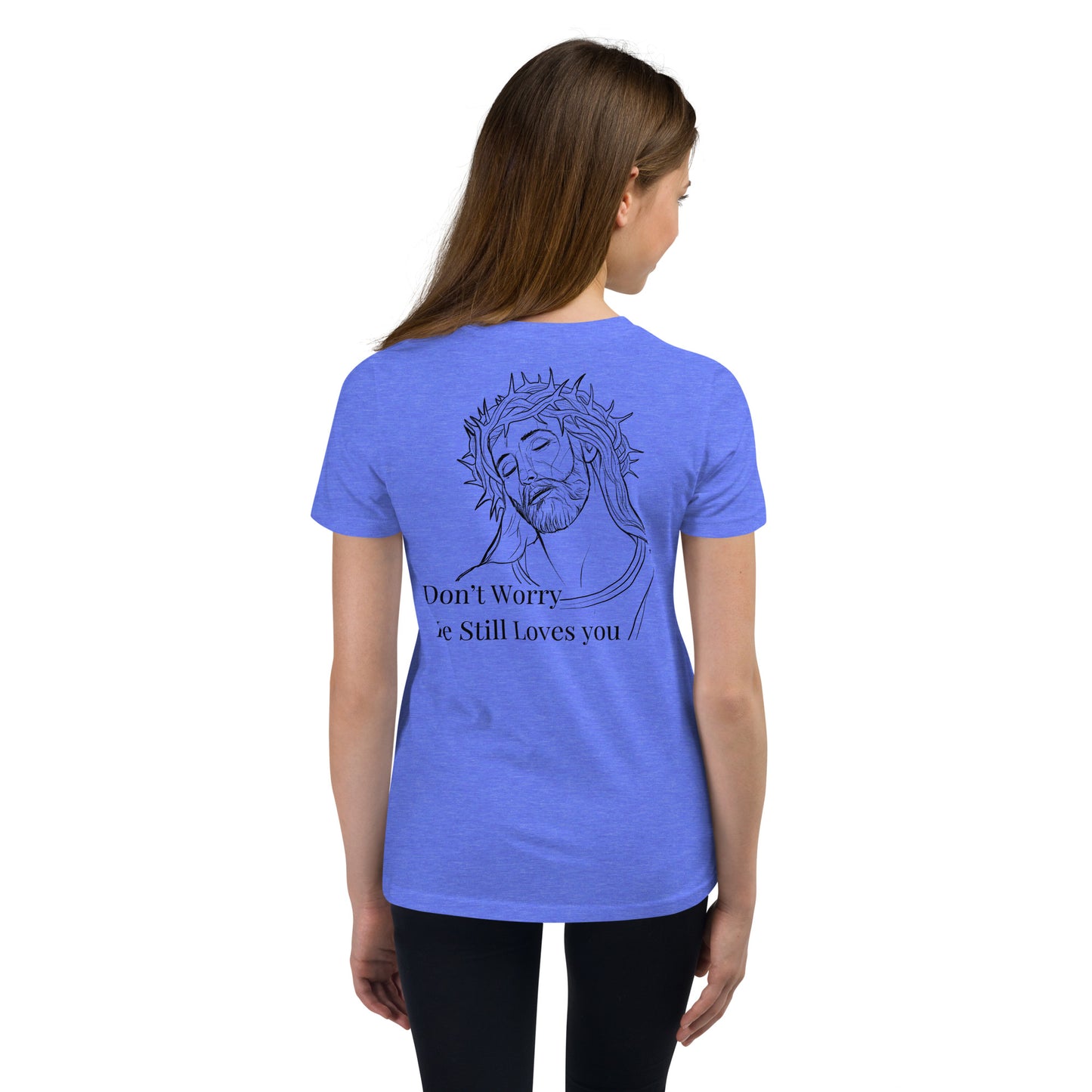 Romans 5:8 (He Still Loves You) Youth Short Sleeve T-Shirt W/Black Print