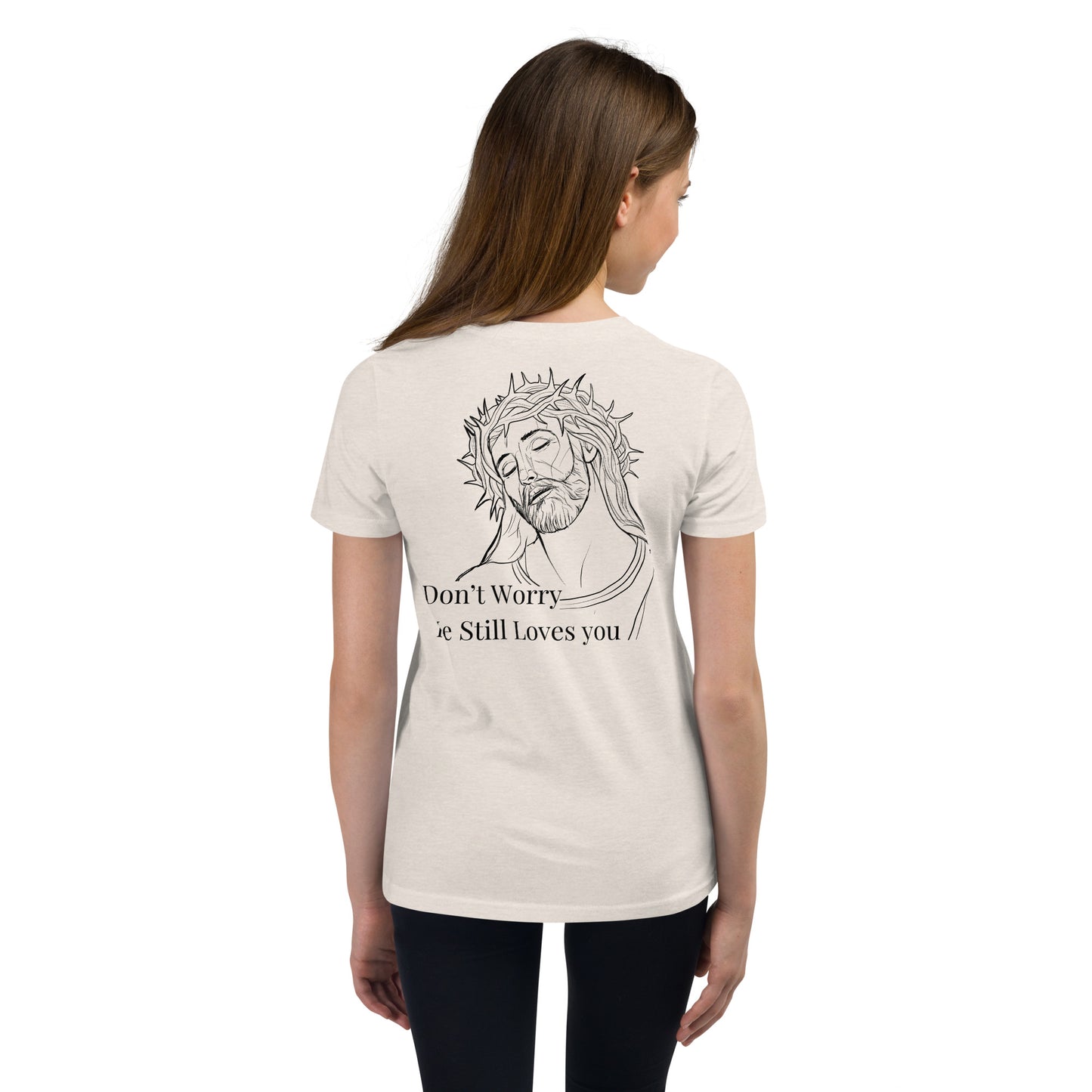 Romans 5:8 (He Still Loves You) Youth Short Sleeve T-Shirt W/Black Print