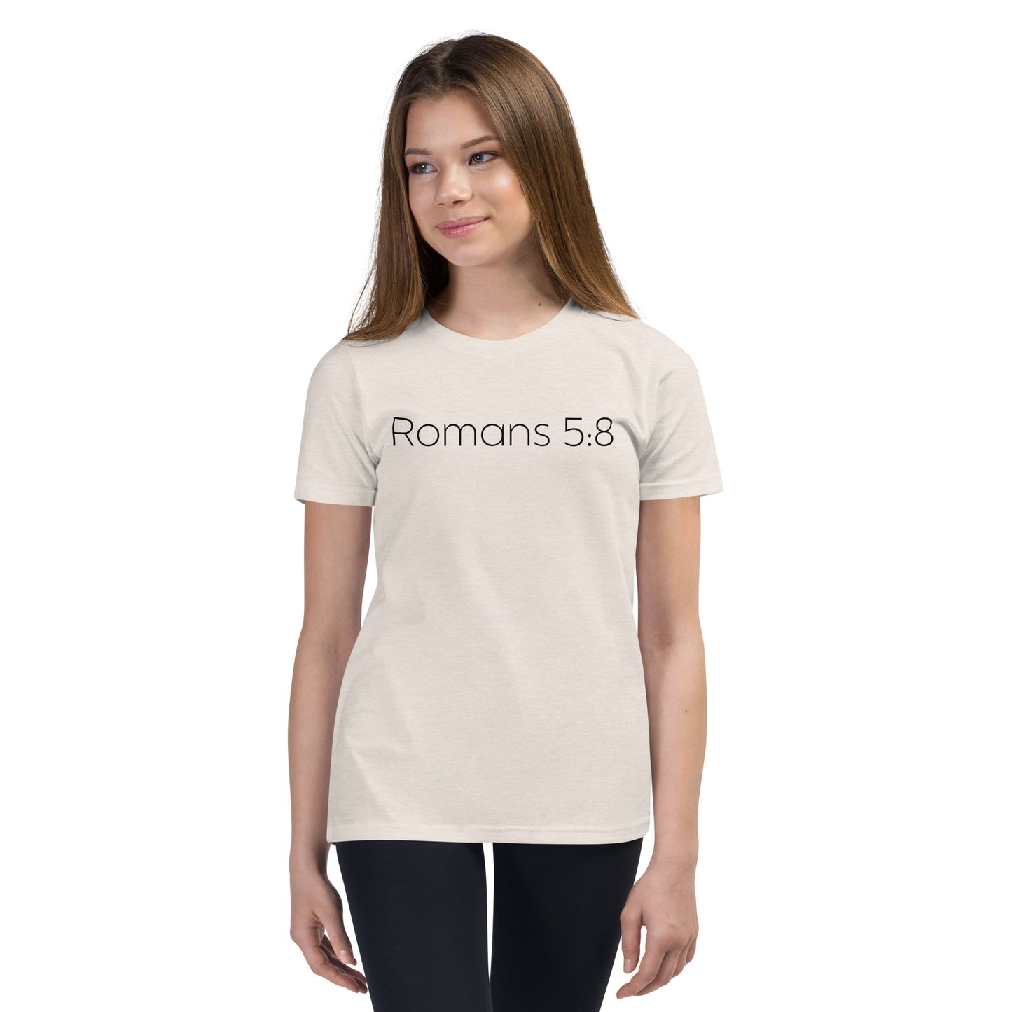 Romans 5:8 (He Still Loves You) Youth Short Sleeve T-Shirt W/Black Print