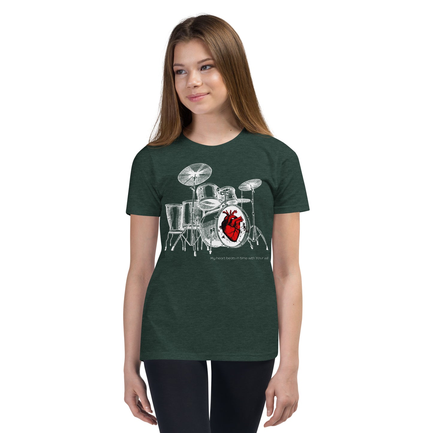 Heart Beats In Time Youth Short Sleeve T-Shirt W/White Print