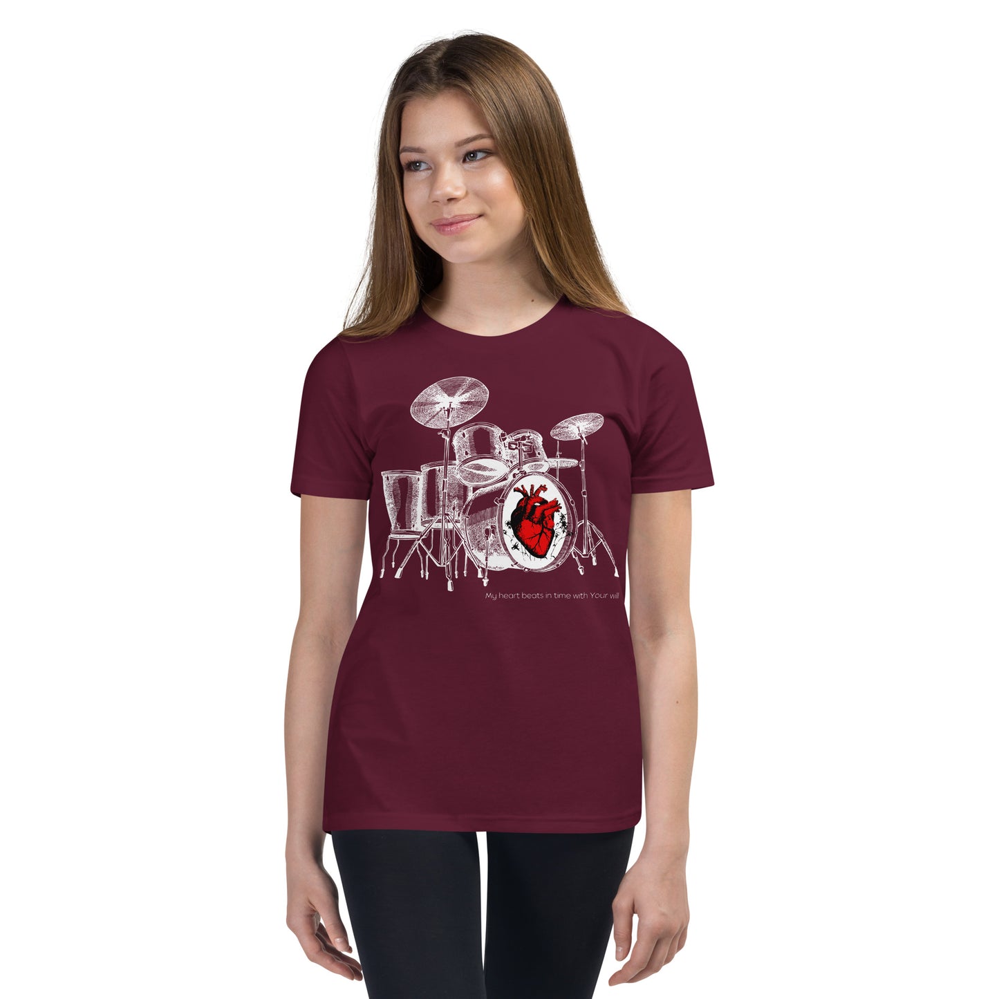 Heart Beats In Time Youth Short Sleeve T-Shirt W/White Print