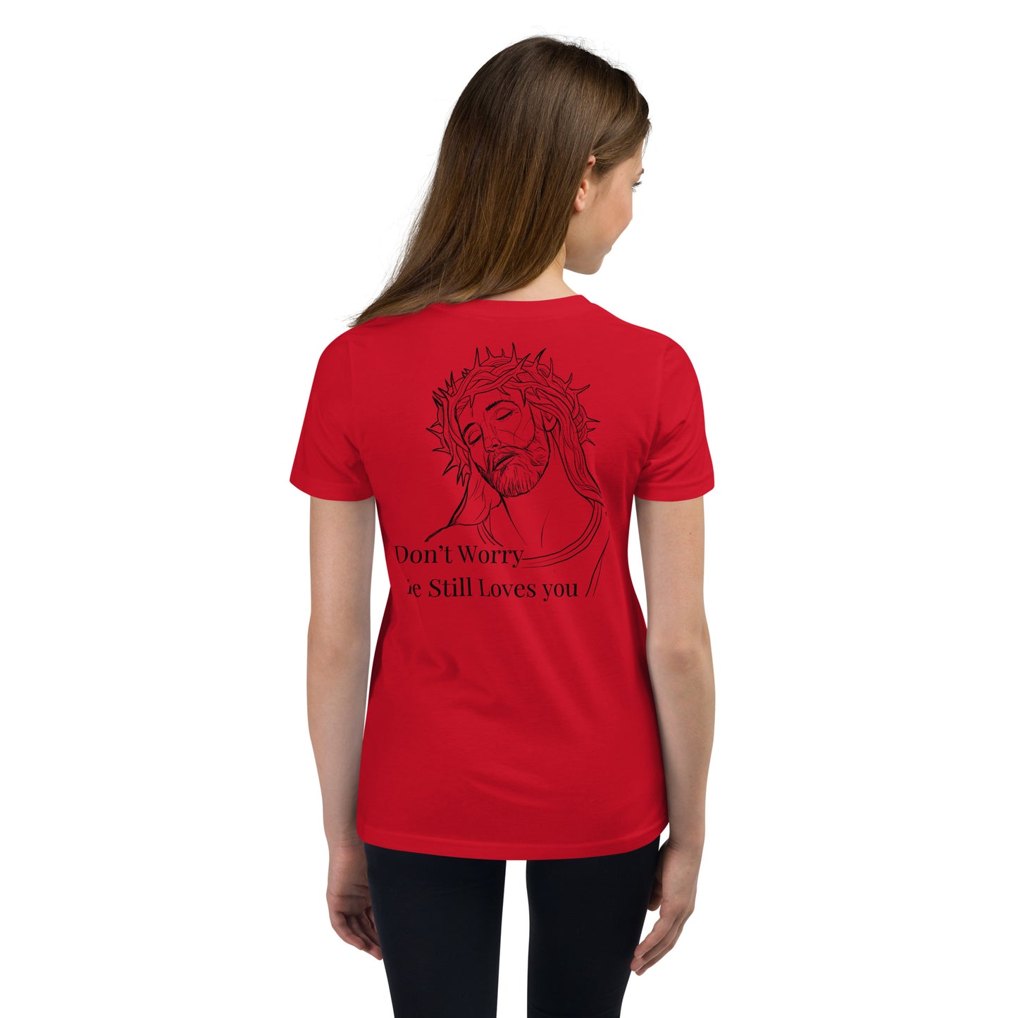 Romans 5:8 (He Still Loves You) Youth Short Sleeve T-Shirt W/Black Print