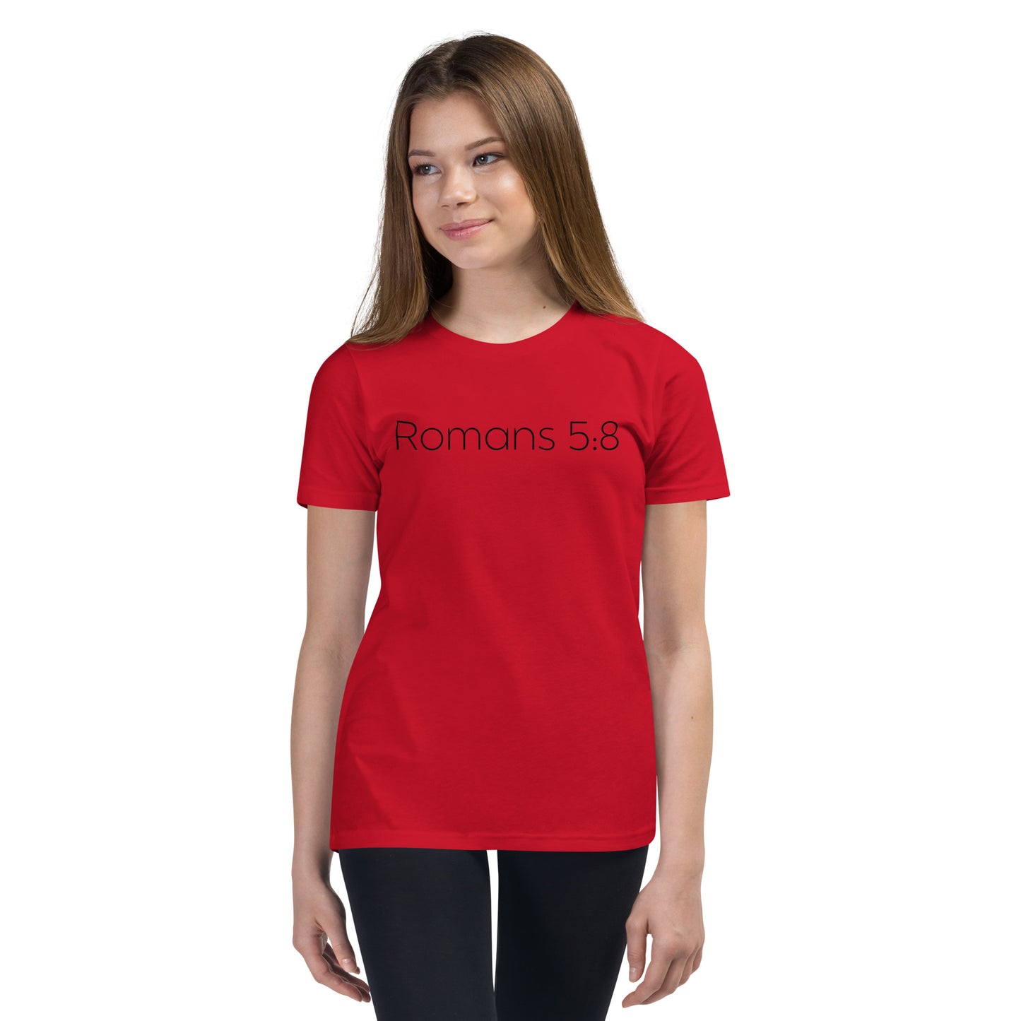 Romans 5:8 (He Still Loves You) Youth Short Sleeve T-Shirt W/Black Print