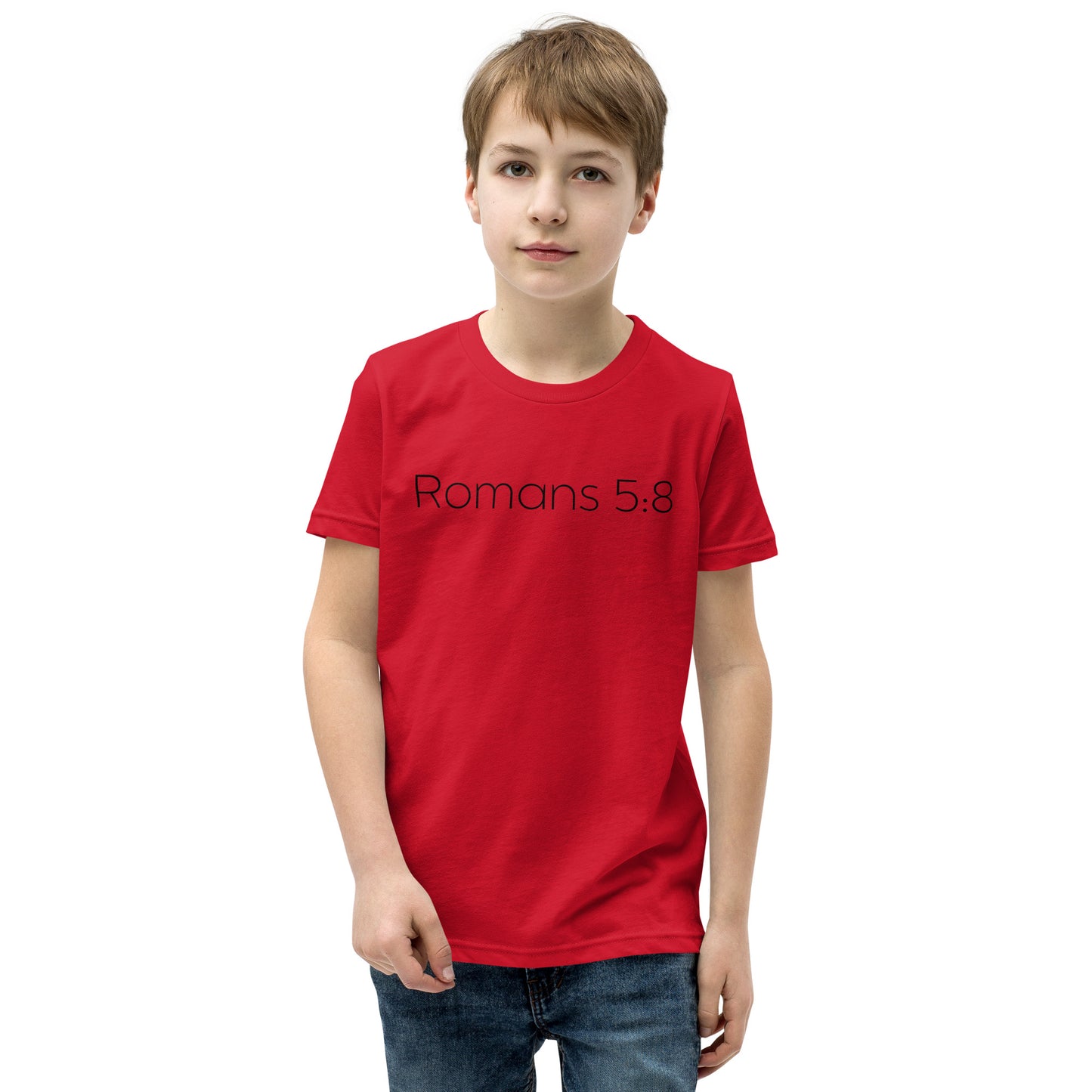 Romans 5:8 (He Still Loves You) Youth Short Sleeve T-Shirt W/Black Print