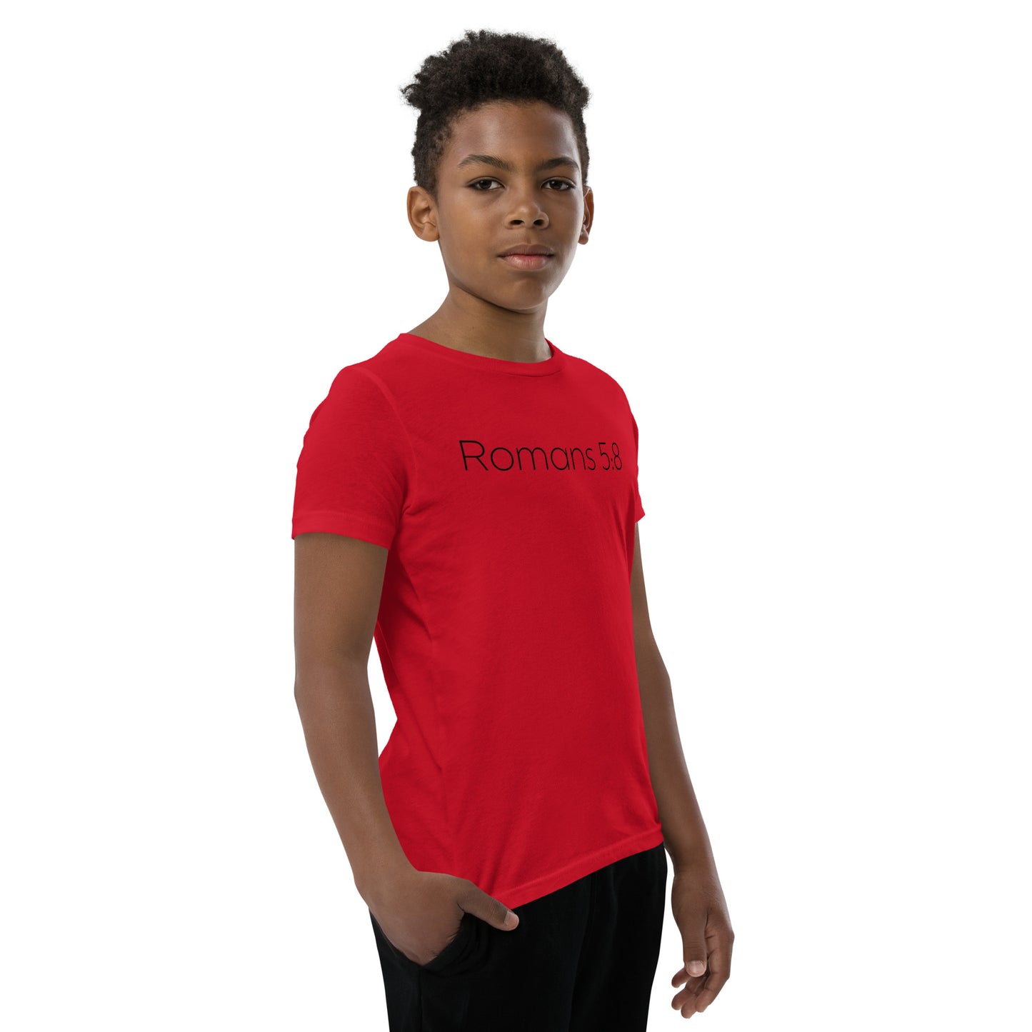 Romans 5:8 (He Still Loves You) Youth Short Sleeve T-Shirt W/Black Print