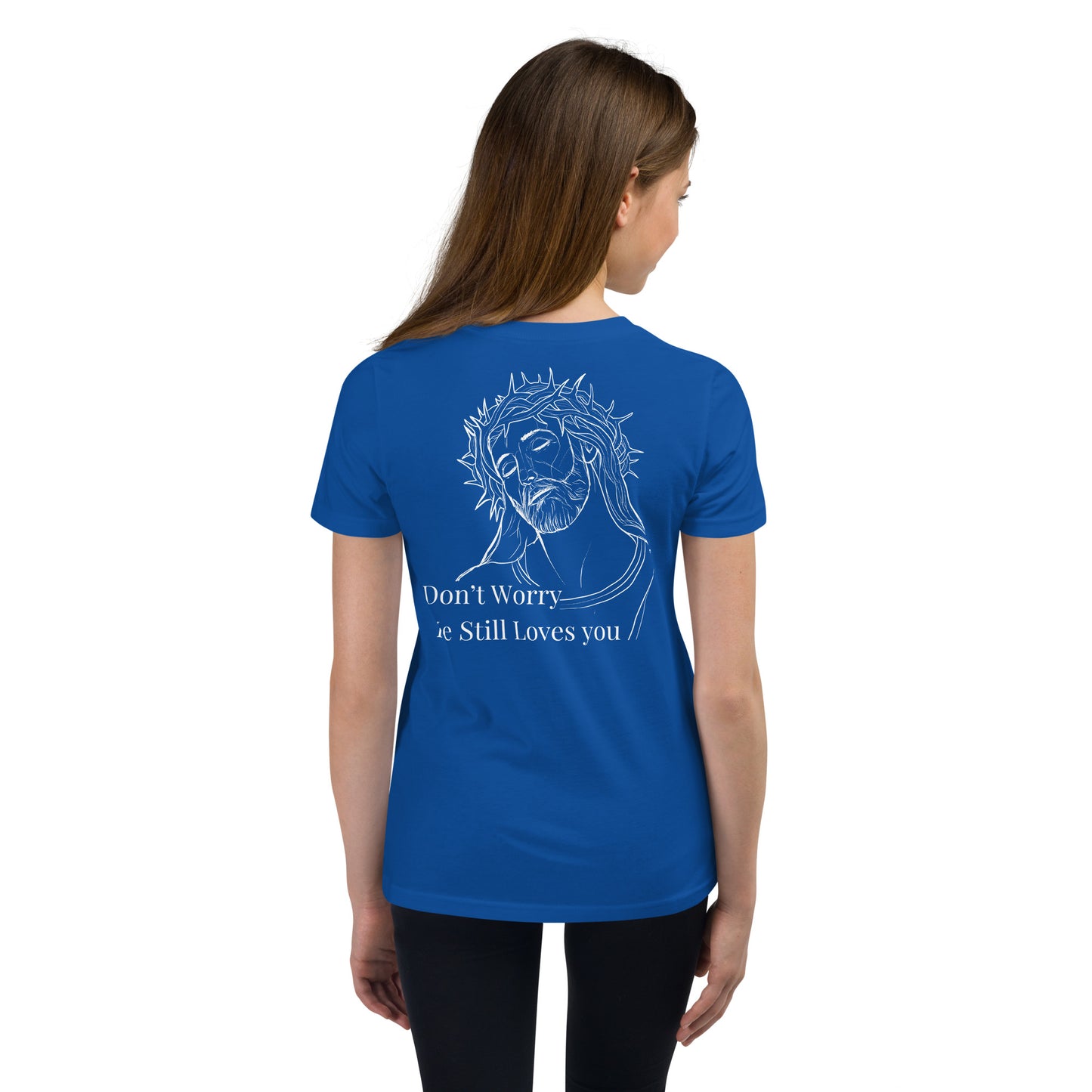 Romans 5:8 (He Still Loves You) Youth Short Sleeve T-Shirt W/White Print